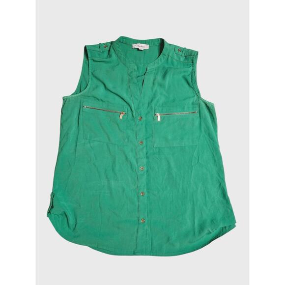 Calvin Klein Women’s Sleeveless Zip Pocket Blouse Top Green Size Small - Picture 3 of 6